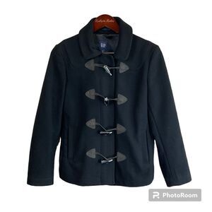 Gap Womens Sz M Black Wool Blend Coat Toggle Button Full Zip Lined Pockets Soft